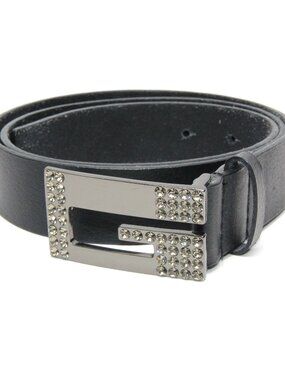 Guess Women's Large Rhinestone Bling G Black Genuine Leather Belt 943210